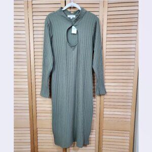 Full Circle Trends Olive Green Ribbed Knit Dress With Keyhole Neckline